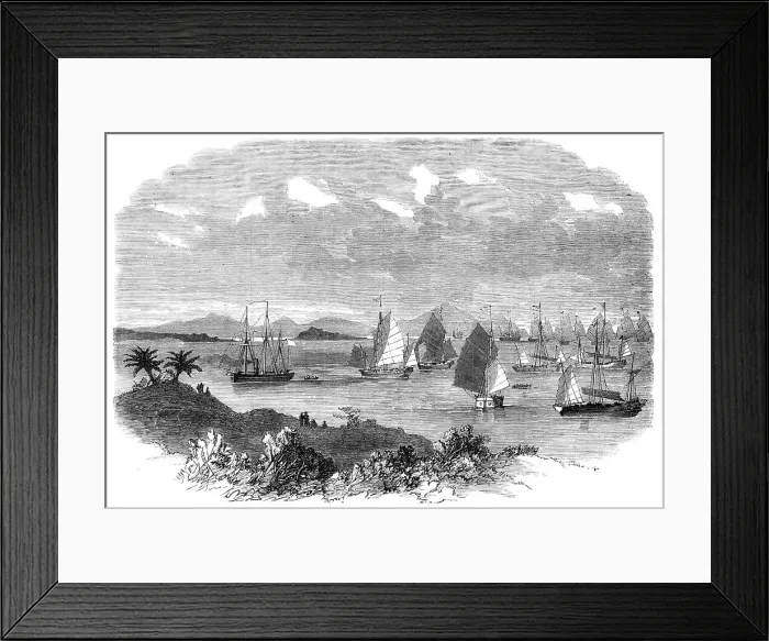 Framed Print : Fleet of Chinese junks, with H.M.S. Opossum, preparing to attack pirates at How-Chow, 1865. Creator: Unknown Framed Print : Fleet of Chinese junks, with H.M.S. Opossum, preparing to attack pirates at How-Chow, 1865. Creator: Unknown