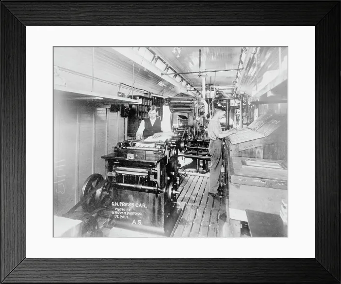 Framed Print : Press room on press car, 1913. Creator: Bain News Service Framed Print : Press room on press car, 1913. Creator: Bain News Service