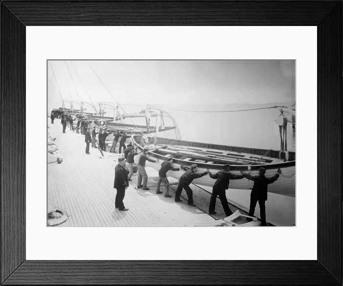 Framed Print : Life boat drill, Holland America Line - putting boats over the side, between c1910 and c1915. Creator: Bain News Service Framed Print : Life boat drill, Holland America Line - putting boats over the side, between c1910 and c1915. Creator: Bain News Service