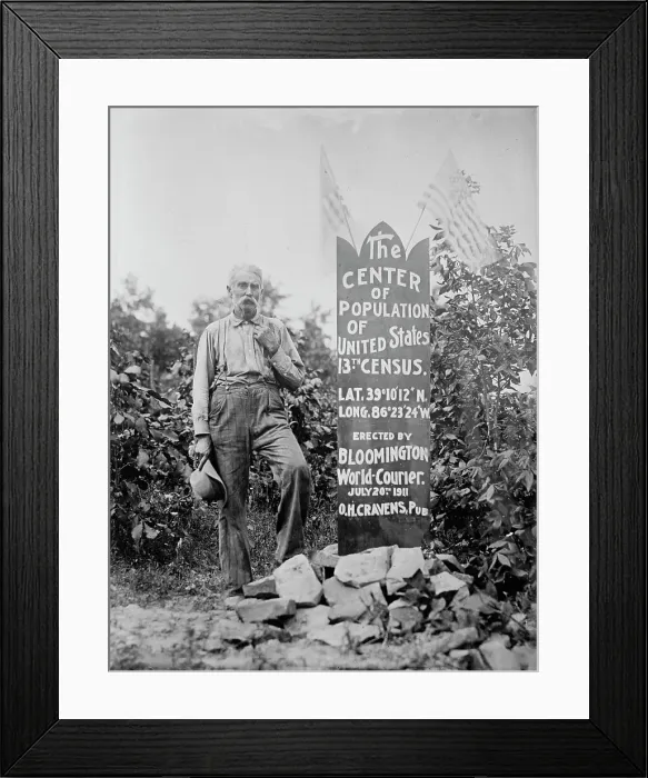 Framed Print : The Center of Population of U.S. [man standing next to memorial stone], between c1910 and c1915. Creator: Bain News Service