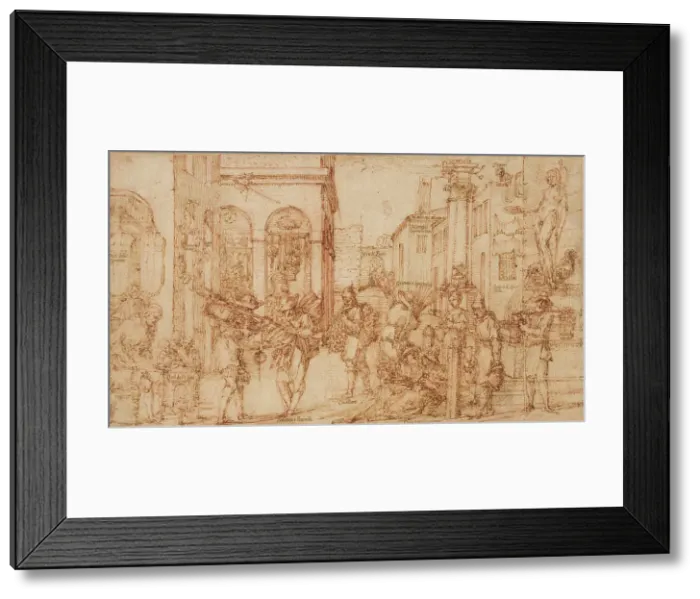 Framed Print : Street With Tradesmen, late 16th-early 17th century.. Creator: Giovanni Maria Tamburini Framed Print : Street With Tradesmen, late 16th-early 17th century.. Creator: Giovanni Maria Tamburini