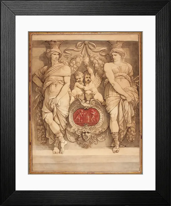 Framed Print : Two Caryatid Figures Framing A Cartouche With Two Cupids (Deux Figures De Cariatides... late 1770s. Creator: Giuseppe Cades) Framed Print : Two Caryatid Figures Framing A Cartouche With Two Cupids (Deux Figures De Cariatides... late 1770s. Creator: Giuseppe Cades)