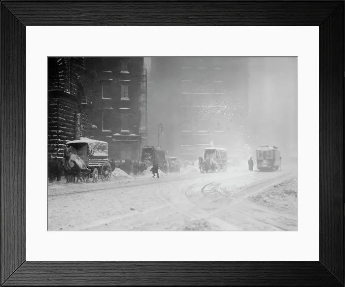 Framed Print : Horse-drawn wagons on snowy street, NY snow storm, 1910. Creator: Bain News Service