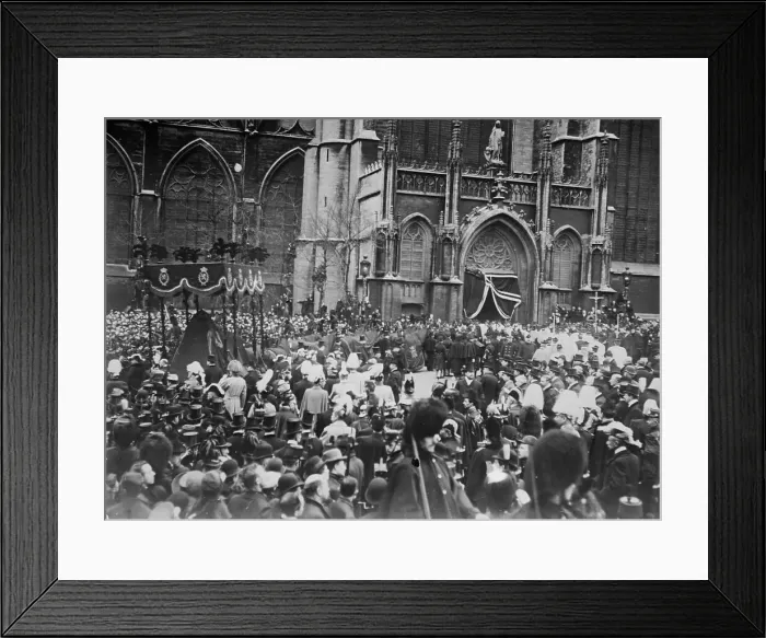 Framed Print : Crowd outside church allowing funeral cortege of King Leopold to pass, Belgium, 1910. Creator: Bain News Service Framed Print : Crowd outside church allowing funeral cortege of King Leopold to pass, Belgium, 1910. Creator: Bain News Service