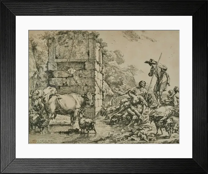 Framed Print : The Cows At The Watering Place (The Cow Drinking), 1680. Creator: Nicolaes Berchem Framed Print : The Cows At The Watering Place (The Cow Drinking), 1680. Creator: Nicolaes Berchem