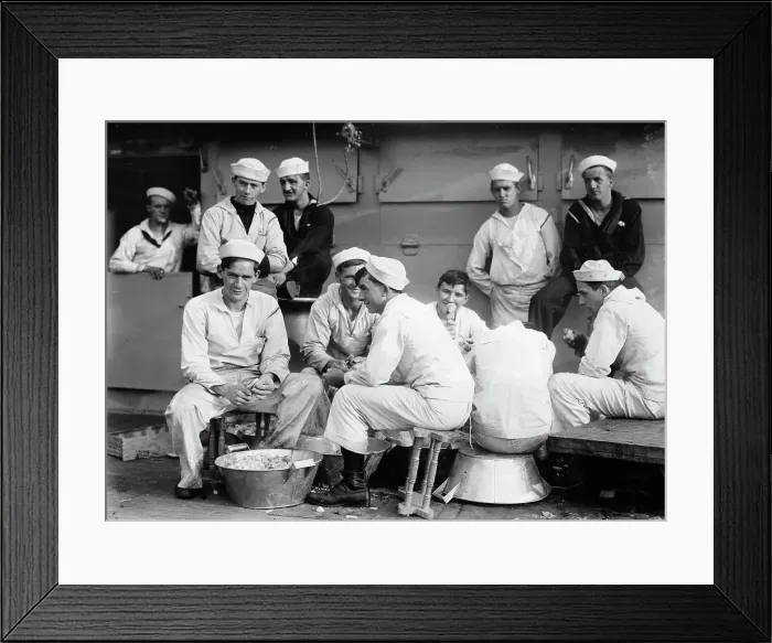 Framed Print : Peeling potatoes on USS Arkansas, between c1910 and c1915. Creator: Bain News Service Framed Print : Peeling potatoes on USS Arkansas, between c1910 and c1915. Creator: Bain News Service