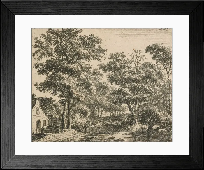 Framed Print : Six landscapes. Plate 2. Woman on a small bridge. (H34), 1640-1690. Creator: Anthonie Waterloo Framed Print : Six landscapes. Plate 2. Woman on a small bridge. (H34), 1640-1690. Creator: Anthonie Waterloo