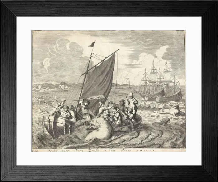 Framed Print : Expedition to Novaya Zemlya; Walrus hunt in Magdalenefjorden (Norway), 1680. Creator: Jan Luyken Framed Print : Expedition to Novaya Zemlya; Walrus hunt in Magdalenefjorden (Norway), 1680. Creator: Jan Luyken