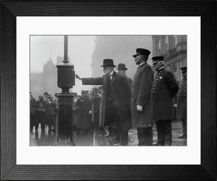 Framed Print : Mayor Gaynor turning in alarm 3 / 20 / 13, 1913. Creator: Bain News Service Framed Print : Mayor Gaynor turning in alarm 3 / 20 / 13, 1913. Creator: Bain News Service