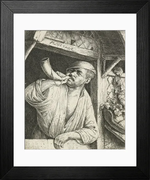 Framed Print : A baker blowing his horn, c.1648. Creator: Adriaen van Ostade Framed Print : A baker blowing his horn, c.1648. Creator: Adriaen van Ostade