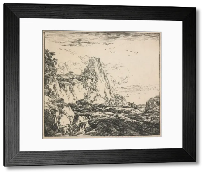 Framed Print : Eight landscapes. Plate 6. Mountainous landscape with tall cliffs, 1640-51. Creator: Herman Naiwincx Framed Print : Eight landscapes. Plate 6. Mountainous landscape with tall cliffs, 1640-51. Creator: Herman Naiwincx