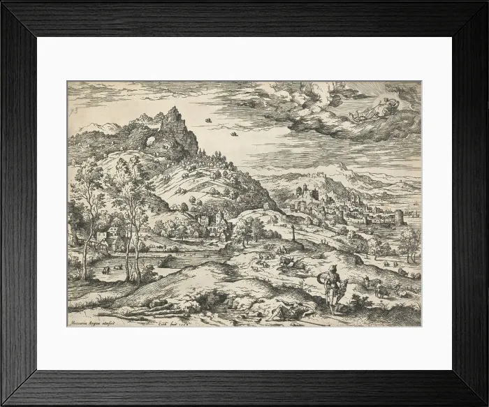 Framed Print : Mercury with the head of Argus in his hand, from Landscapes with biblical and mythological...1558. Creator: Hieronymus Cock Framed Print : Mercury with the head of Argus in his hand, from Landscapes with biblical and mythological...1558. Creator: Hieronymus Cock