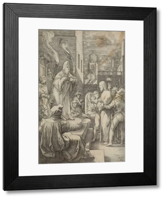 Framed Print : Christ before Caiaphas, plate 4 from The Passion of Christ, 1597. Creator: Hendrik Goltzius Framed Print : Christ before Caiaphas, plate 4 from The Passion of Christ, 1597. Creator: Hendrik Goltzius