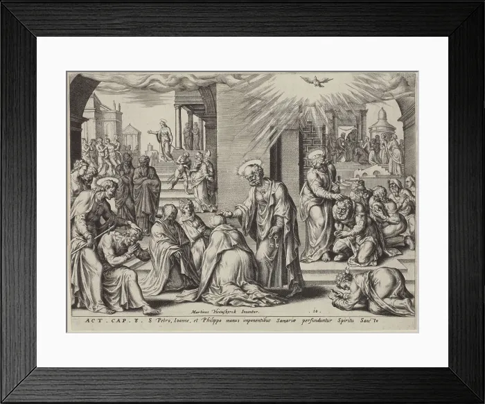 Framed Print : St Peter, St John and St Philip Laying Their Hands on the Baptised at Samaria. From: The Acts of The Creator: Philip Galle Framed Print : St Peter, St John and St Philip Laying Their Hands on the Baptised at Samaria. From: The Acts of The Creator: Philip Galle