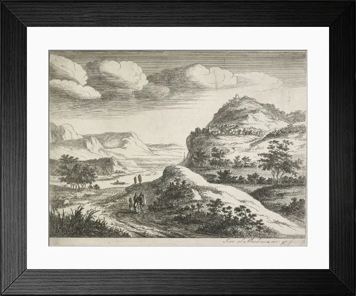 Framed Print : Six landscapes. Plate 6: Three figures standing on a country road, 1683. Creator: Jan van Almeloveen Framed Print : Six landscapes. Plate 6: Three figures standing on a country road, 1683. Creator: Jan van Almeloveen