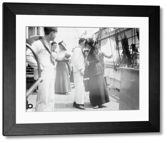Framed Print : Bidding good-bye to young sailor on USS Newport, between c1910 and c1915. Creator: Bain News Service Framed Print : Bidding good-bye to young sailor on USS Newport, between c1910 and c1915. Creator: Bain News Service