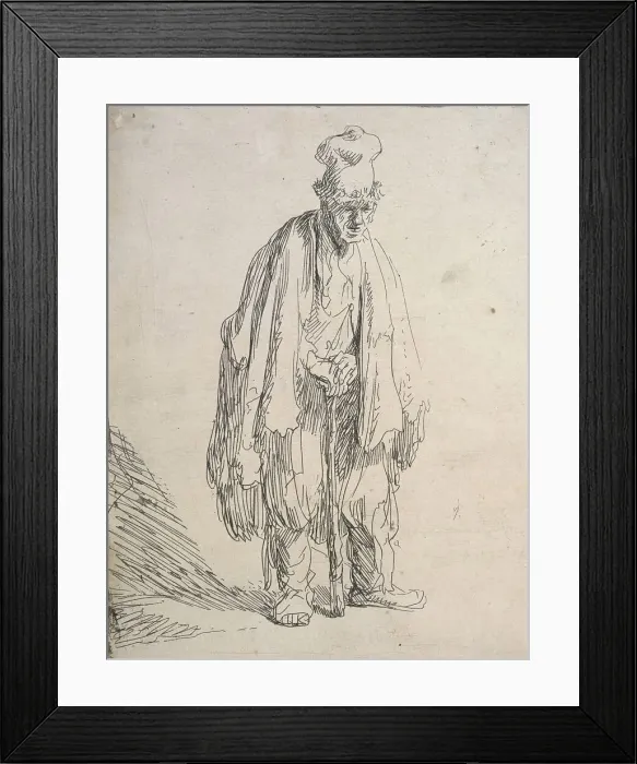 Framed Print : Beggar in a high cap, standing and leaning on a stick, c.1629. Creator: Rembrandt Harmensz van Rijn Framed Print : Beggar in a high cap, standing and leaning on a stick, c.1629. Creator: Rembrandt Harmensz van Rijn