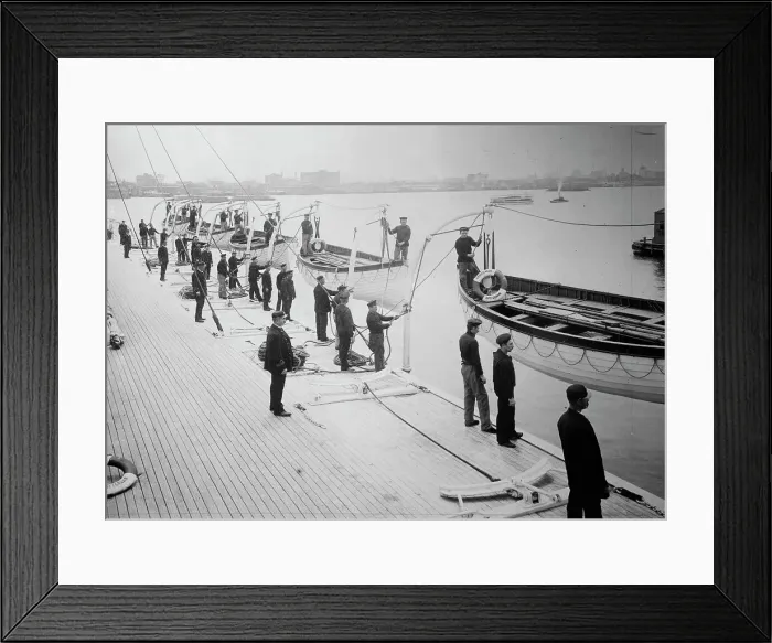 Framed Print : Drill, Holland America Line - life boats ready to launch, between c1910 and c1915. Creator: Bain News Service Framed Print : Drill, Holland America Line - life boats ready to launch, between c1910 and c1915. Creator: Bain News Service