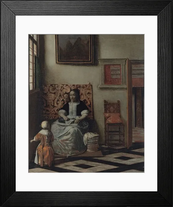 Framed Print : Interior with a Woman sewing and a Child, 1662. Creator: Pieter de Hooch Framed Print : Interior with a Woman sewing and a Child, 1662. Creator: Pieter de Hooch