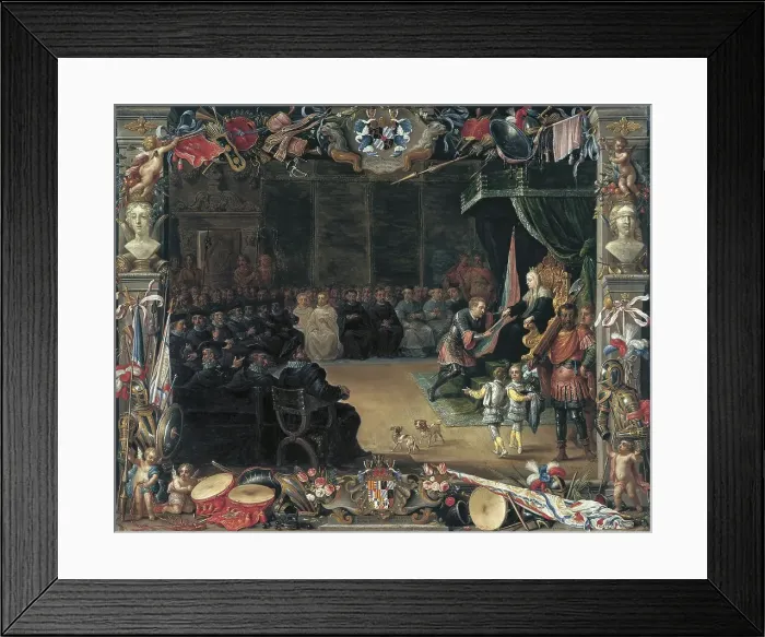 Framed Print : The Presentation of the Captain General's Baton to Antonio Moncada by the Queen Regent....1410, 1664 Creators: David Teniers II, Jan van Kessel Framed Print : The Presentation of the Captain General's Baton to Antonio Moncada by the Queen Regent....1410, 1664 Creators: David Teniers II, Jan van Kessel