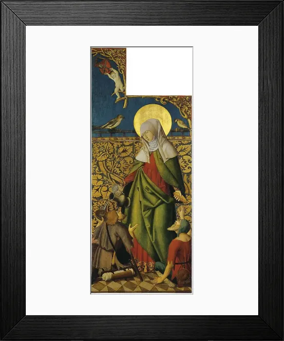 Framed Print : Saint Elisabeth offering bread and Wine to two Beggars (Exterior right wing), 1515. Creator: Anon Framed Print : Saint Elisabeth offering bread and Wine to two Beggars (Exterior right wing), 1515. Creator: Anon