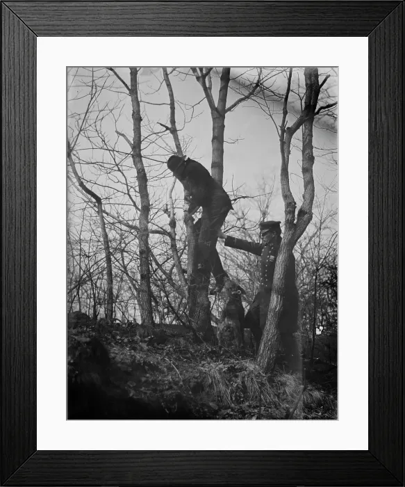 Framed Print : Policeman, police dog treeing tramp, New York City, 1912. Creator: Bain News Service Framed Print : Policeman, police dog treeing tramp, New York City, 1912. Creator: Bain News Service