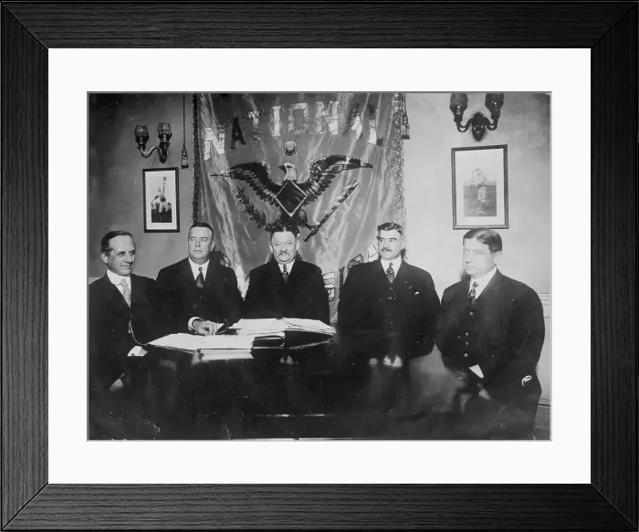 Framed Print : J.E. Bruce, Ban Johnson, A. Herrmann, T.J. Lynch, J.A. Heydler at table together, 1910. Creator: Bain News Service Framed Print : J.E. Bruce, Ban Johnson, A. Herrmann, T.J. Lynch, J.A. Heydler at table together, 1910. Creator: Bain News Service