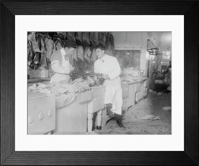 Framed Print : Butchers idle at meat counter during meat boycott, 1910. Creator: Bain News Service Framed Print : Butchers idle at meat counter during meat boycott, 1910. Creator: Bain News Service