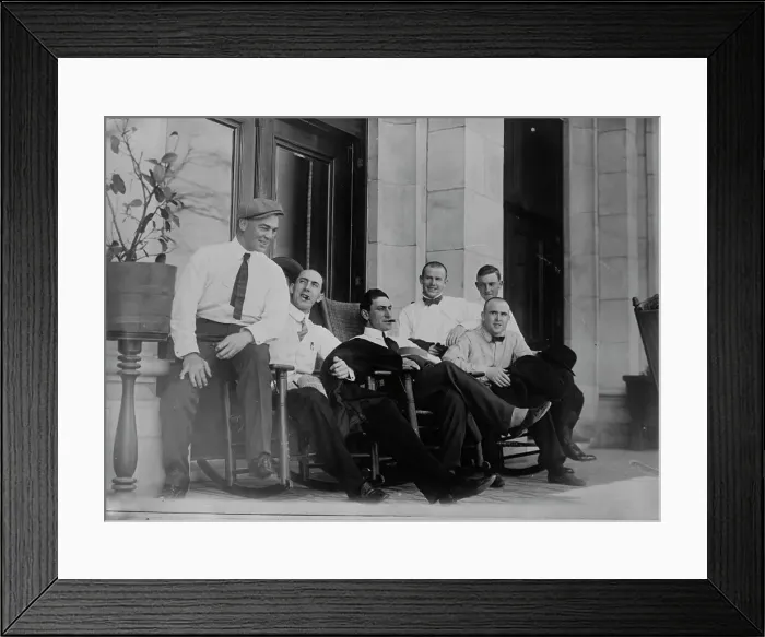Framed Print : Six Cleveland ball players seated on porch, 1910. Creator: Bain News Service Framed Print : Six Cleveland ball players seated on porch, 1910. Creator: Bain News Service