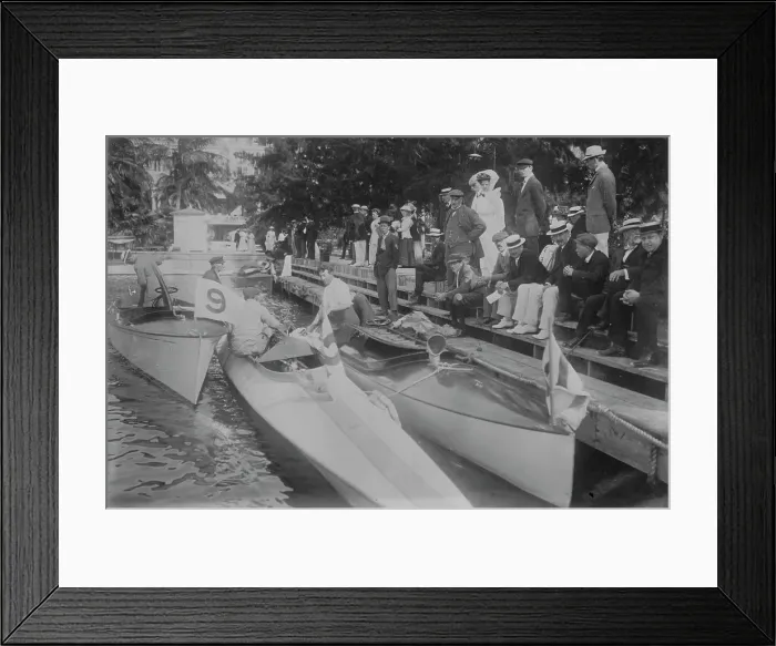 Framed Print : Motor boats at dock, people on pier, Palm Beach, 1910. Creator: Bain News Service Framed Print : Motor boats at dock, people on pier, Palm Beach, 1910. Creator: Bain News Service