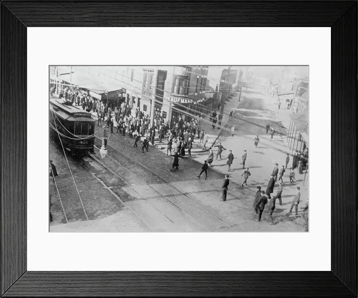 Framed Print : Rioters stoning a trolley car, Philadelphia, 1910. Creator: Bain News Service Framed Print : Rioters stoning a trolley car, Philadelphia, 1910. Creator: Bain News Service