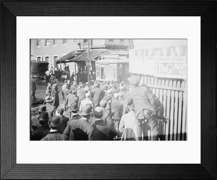 Framed Print : Strikers clamoring for motorman of car, Philadelphia, 1910. Creator: Bain News Service Framed Print : Strikers clamoring for motorman of car, Philadelphia, 1910. Creator: Bain News Service