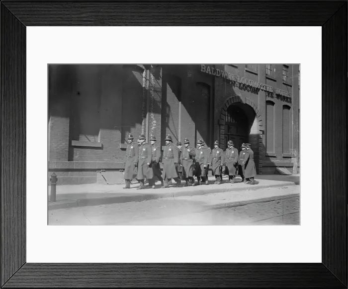 Framed Print : Police patrol marching outside Baldwin Locomotive Works, Philadelphia, 1910. Creator: Bain News Service Framed Print : Police patrol marching outside Baldwin Locomotive Works, Philadelphia, 1910. Creator: Bain News Service