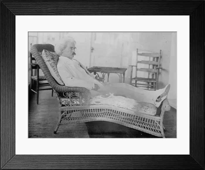 Framed Print : S.L. Clemens reclining in porch chair, 1910. Creator: Bain News Service Framed Print : S.L. Clemens reclining in porch chair, 1910. Creator: Bain News Service