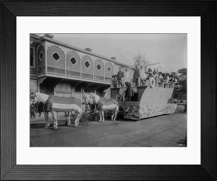 Framed Print : Float representing arrival of first missionary boat Thaddeus, Floral Parade, Honolulu, 1910. Creator: Bain News Service Framed Print : Float representing arrival of first missionary boat Thaddeus, Floral Parade, Honolulu, 1910. Creator: Bain News Service