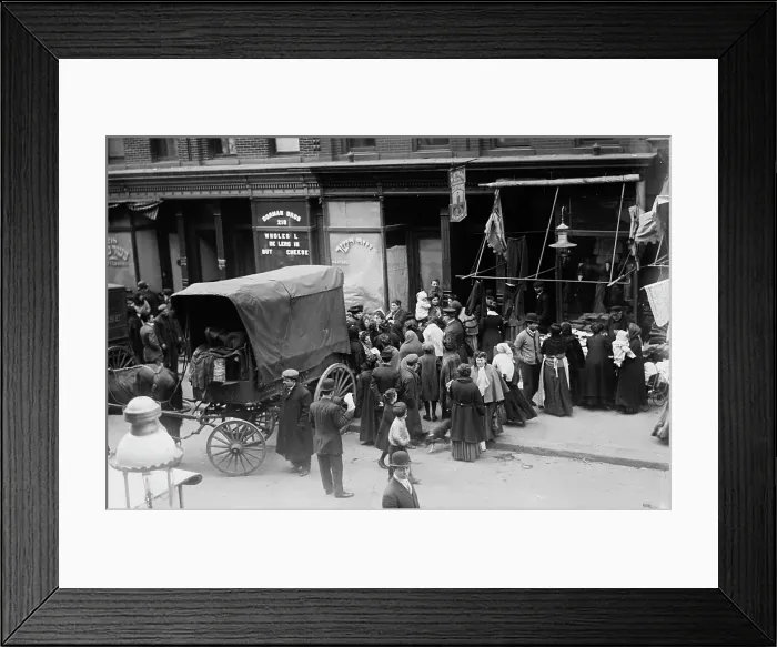 Framed Print : Crowd gathered in front of butcher shop during meat riot, New York, 1910. Creator: Bain News Service Framed Print : Crowd gathered in front of butcher shop during meat riot, New York, 1910. Creator: Bain News Service