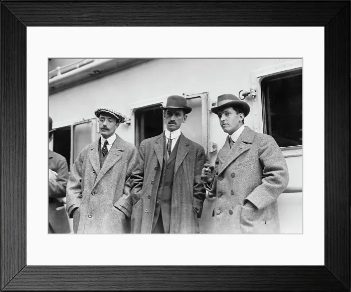 Framed Print : Count de Lesseps, G. Curtiss, and H. Latham standing on train platform, 1910. Creator: Bain News Service Framed Print : Count de Lesseps, G. Curtiss, and H. Latham standing on train platform, 1910. Creator: Bain News Service