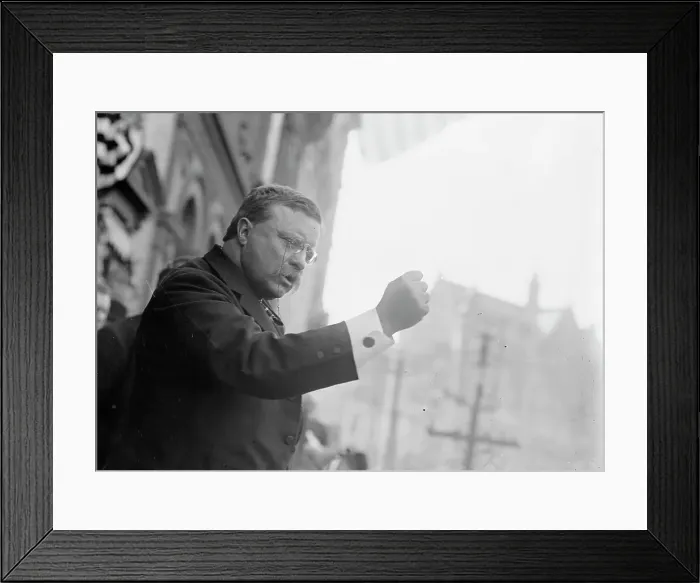 Framed Print : T. Roosevelt speaking, gesticulating with fist, outside, Yonkers, NY, 1910. Creator: Bain News Service Framed Print : T. Roosevelt speaking, gesticulating with fist, outside, Yonkers, NY, 1910. Creator: Bain News Service