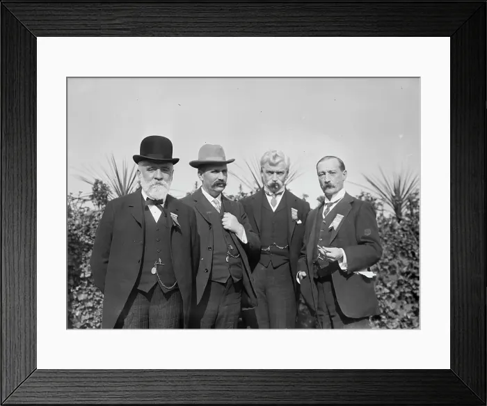 Framed Print : Jos. Ellis, Sir John Randles, G. Muir Ritchie, and Col. Sir Chas. Allen standing together... 1910. Creator: Bain News Service Framed Print : Jos. Ellis, Sir John Randles, G. Muir Ritchie, and Col. Sir Chas. Allen standing together... 1910. Creator: Bain News Service