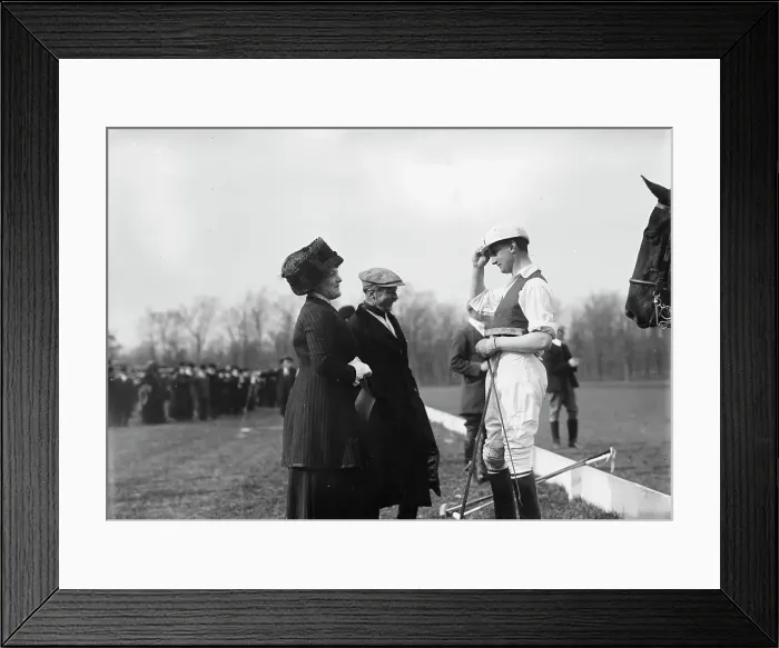 Framed Print : Mrs. Geo. Gould & Buckmaster on polo field, 1911. Creator: Bain News Service Framed Print : Mrs. Geo. Gould & Buckmaster on polo field, 1911. Creator: Bain News Service