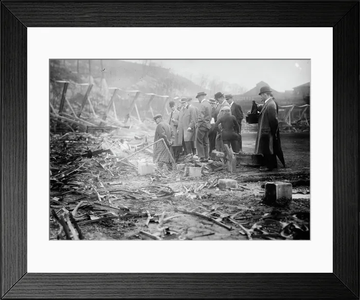 Framed Print : New York, NL & Philadelphia, NL players view fire damage, Polo Grounds, 1911. Creator: Bain News Service Framed Print : New York, NL & Philadelphia, NL players view fire damage, Polo Grounds, 1911. Creator: Bain News Service