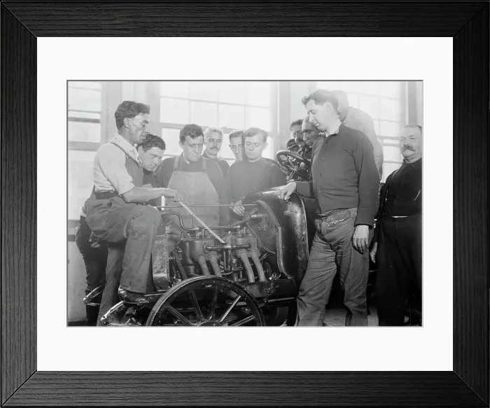Framed Print : Firemen studying auto motor, between c1910 and c1915. Creator: Bain News Service Framed Print : Firemen studying auto motor, between c1910 and c1915. Creator: Bain News Service