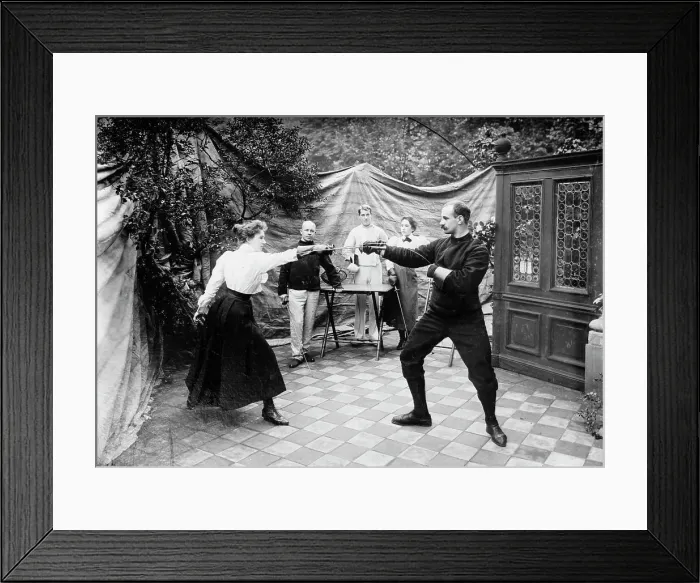 Framed Print : Man and woman fencing (?), between c1910 and c1915. Creator: Bain News Service Framed Print : Man and woman fencing (?), between c1910 and c1915. Creator: Bain News Service