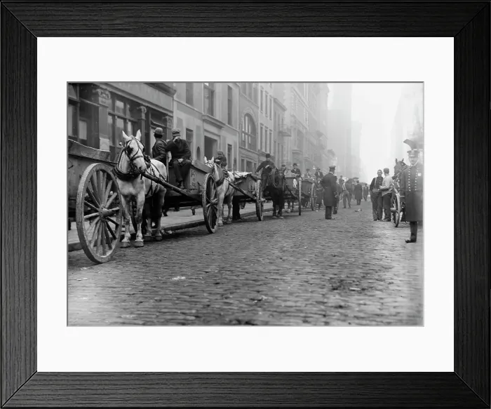 Framed Print : Garbage carts protected by police, 1911. Creator: Bain News Service Framed Print : Garbage carts protected by police, 1911. Creator: Bain News Service