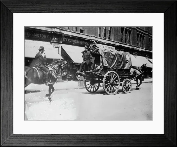 Framed Print : London Strike. Police escort for one van. between c1910 and c1915. Creator: Bain News Service Framed Print : London Strike. Police escort for one van. between c1910 and c1915. Creator: Bain News Service