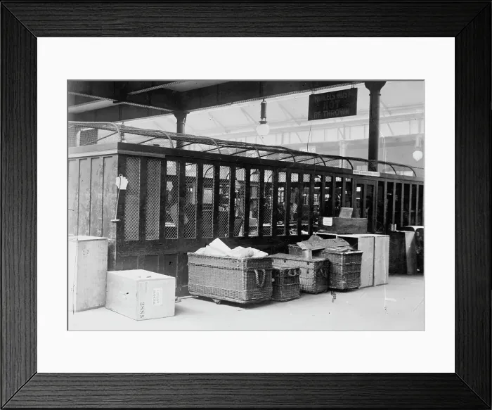 Framed Print : British parcels post -cage for reg. Parcels, between c1910 and c1915. Creator: Bain News Service Framed Print : British parcels post -cage for reg. Parcels, between c1910 and c1915. Creator: Bain News Service