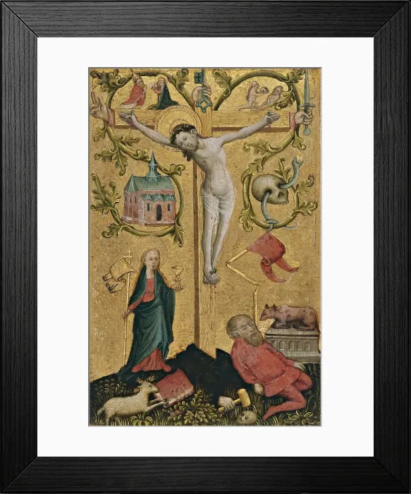 Framed Print : Diptych with symbols of the Virgin and Redeeming Christ: Christ with the Cross as Redemptor... 1410 Creator: Anon Framed Print : Diptych with symbols of the Virgin and Redeeming Christ: Christ with the Cross as Redemptor... 1410 Creator: Anon