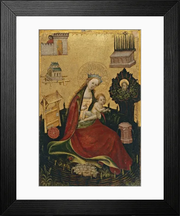 Framed Print : Diptych with symbols of the Virgin and Redeeming Christ: Virgin and Child in the Hortus... 1410. Creator: Anon Framed Print : Diptych with symbols of the Virgin and Redeeming Christ: Virgin and Child in the Hortus... 1410. Creator: Anon
