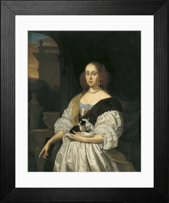 Framed Print : Portrait of a Woman with a Lapdog, 1672. Creator: Frans van Mieris I Framed Print : Portrait of a Woman with a Lapdog, 1672. Creator: Frans van Mieris I