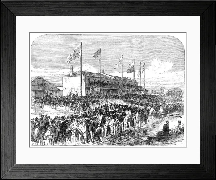 Framed Print : Boathouse at Putney: the Cambridge crew going out for practice, 1868. Creator: C. R Framed Print : Boathouse at Putney: the Cambridge crew going out for practice, 1868. Creator: C. R